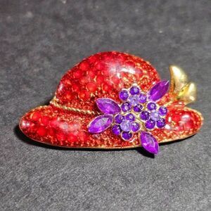 Vintage gold tone red and purple hat brooch